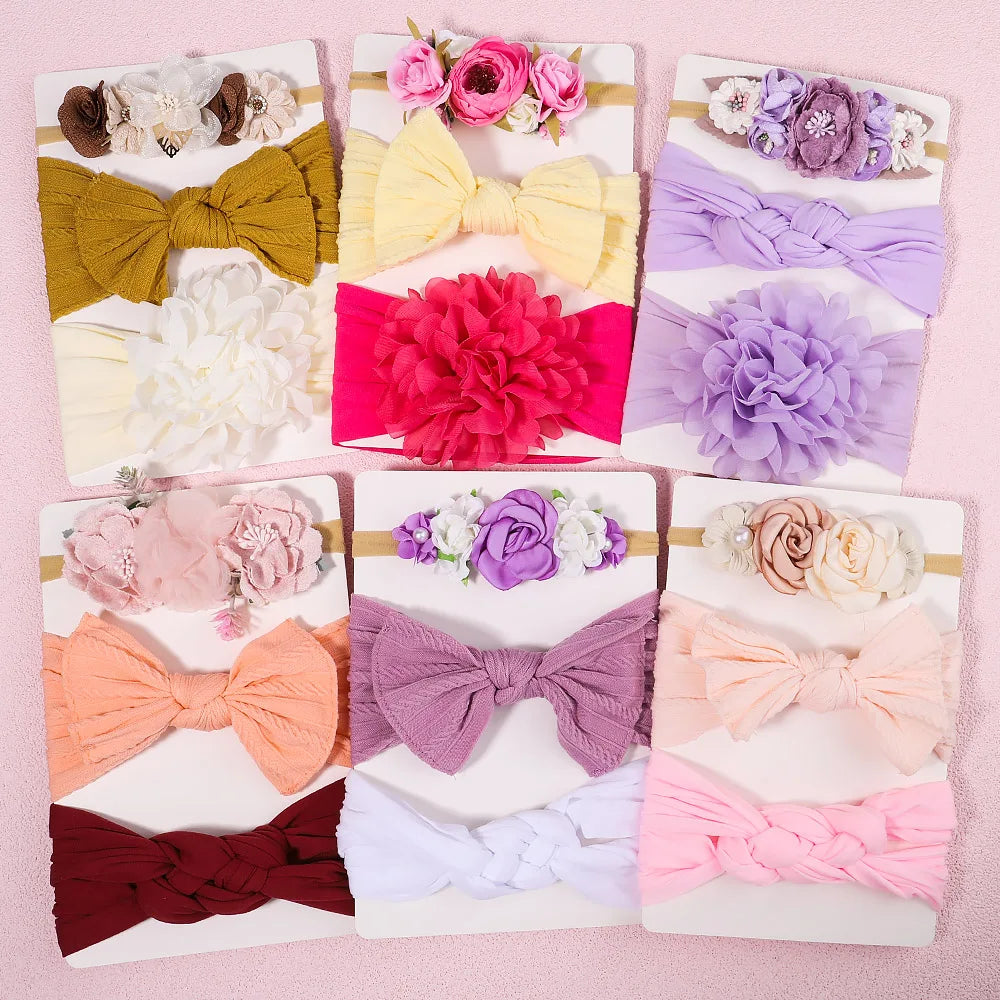 3Pcs/Set Cable Knit Flower Baby Headbands For Girls Elastic Turban Kids Hair Bands Nylon Newborn Headwrap Baby Hair Accessories