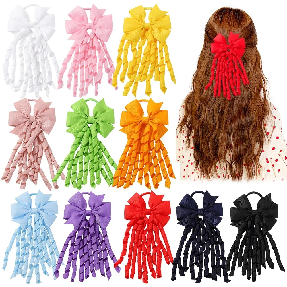 11Colors 3.54'' Elastic Ribbon Curly Hair Bow Ties Rope for Baby Girls Ponytail Holder Bowknot Headwear Kids Hair Accessories