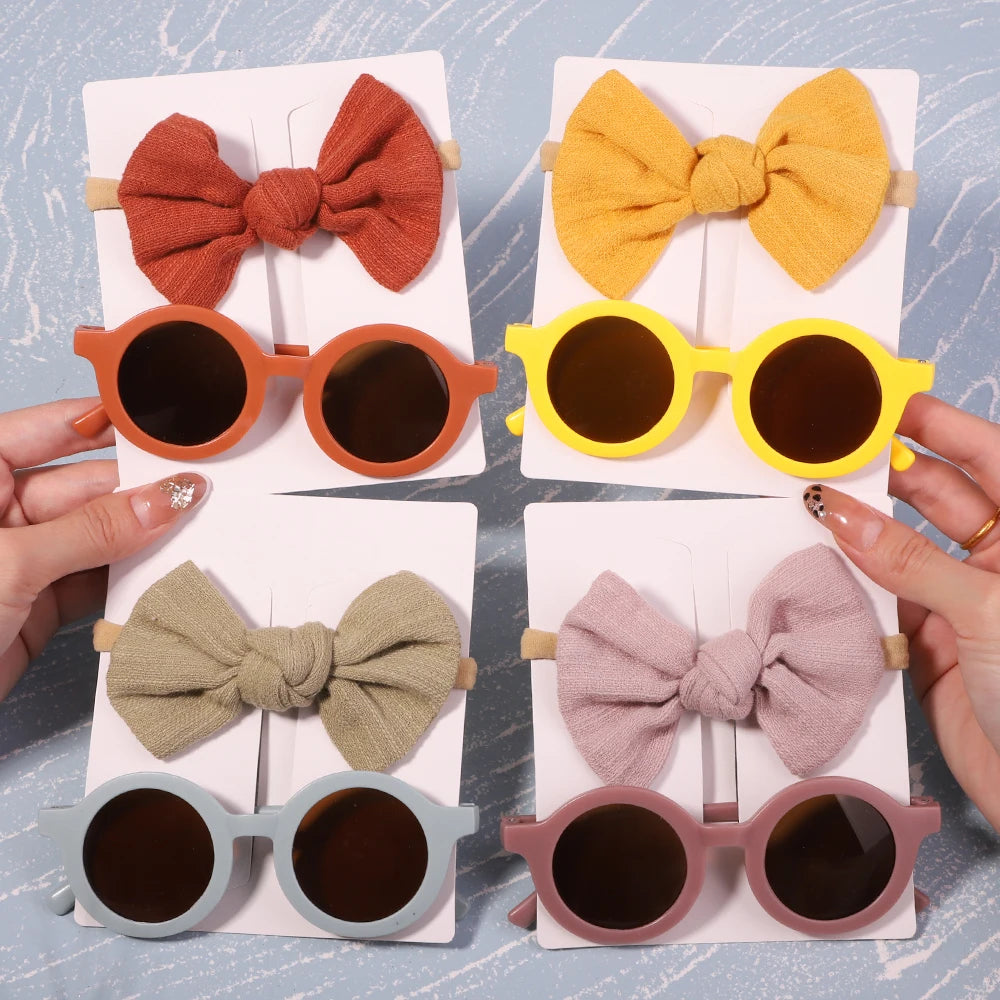 2Pcs/Pack Vintage Kids Summer Baby Bows Headband Round Sunglasses Children Sun Glasses Protection Glasses Hair Accessories