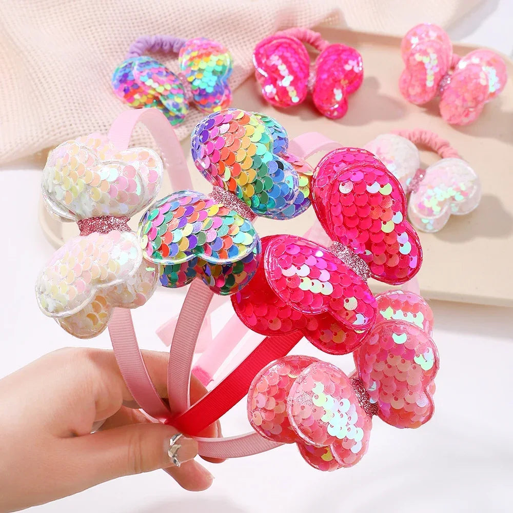 2Pcs Sequins Bows Hairbands Hair Ties Set Girls Shiny Butterfly Rubber Band Glitter Headband Kids Headwear Baby Hair Accessories