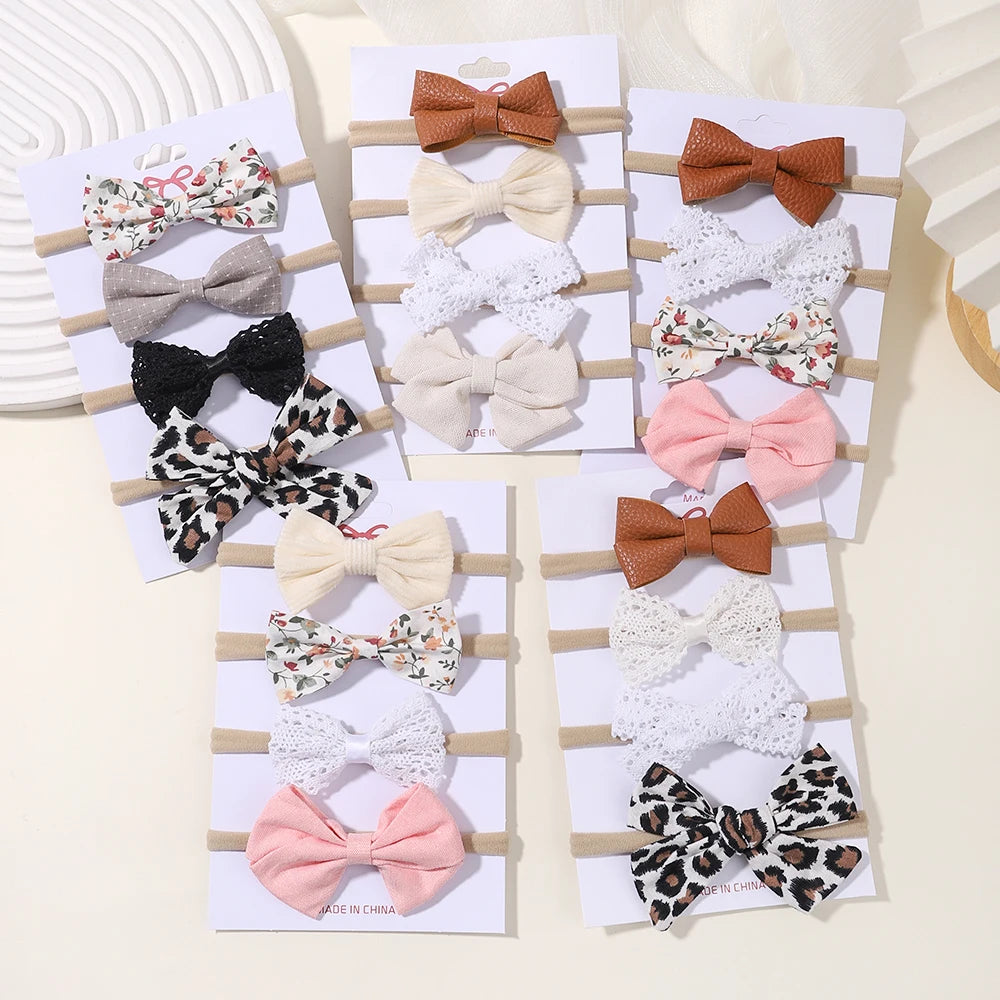 3/4Pcs/Set Lace Print Bows Headband for Kids Girls Newborn Headband Nylon Elastic Hair Band Headwear Baby Hair Accessories Gift