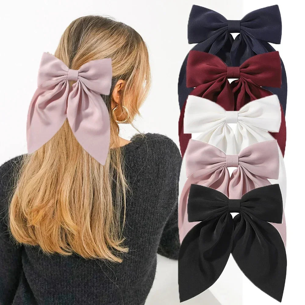 Elegant Bow Ribbon Hair Clip Fashion Simple Solid Satin Spring Clip Hair Pin Retro Headband with Clips Girls Hair Accessories