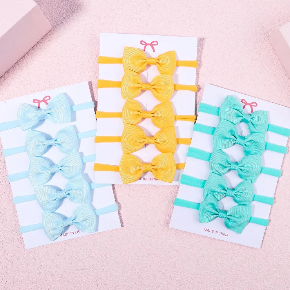 5Pcs/Set Solid Color Headwear Elastic Hair Bands for Baby Girls Grograin Ribbon Bow Headband Infant Kids Cute Hair Accessories