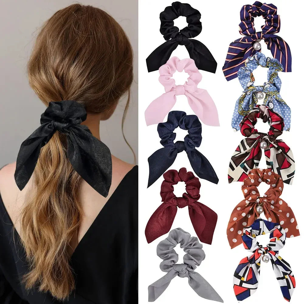 Chiffon Printed Bowknot Elastic Hair Bands for Women Girls Pearl Scrunchies Headband Hair Ties Ponytail Holder Hair Accessories